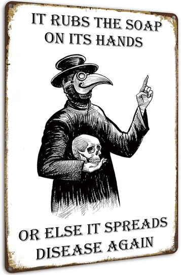 Greentek; Wash Your Hands Plague Doctor Tin Sign – 8x12 Inch Gothic Wall Decor, Bathroom & Bedroom Art, Gothic Home Decor, Retro Metal Wall Plaque for Guest Room, Man Cave, Office; Category:Halloween Decorations; Image:1